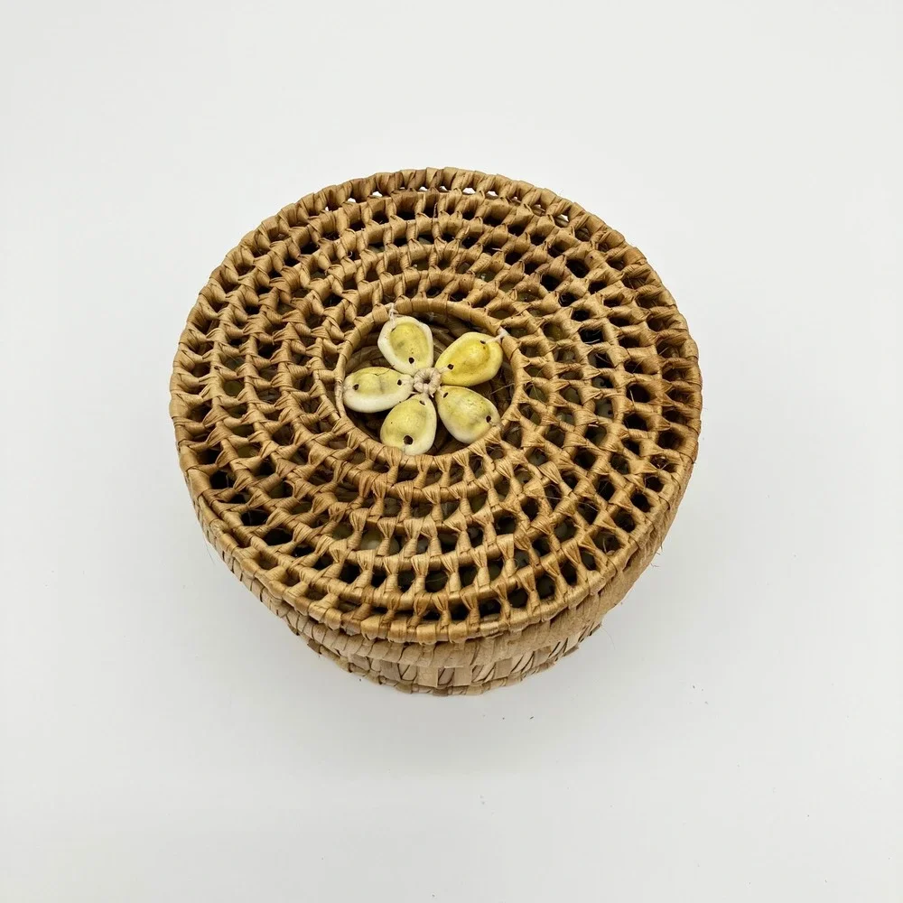 Woven Straw Coaster Set 6pc Natural Cowrie Shell Trim Boho Coastal